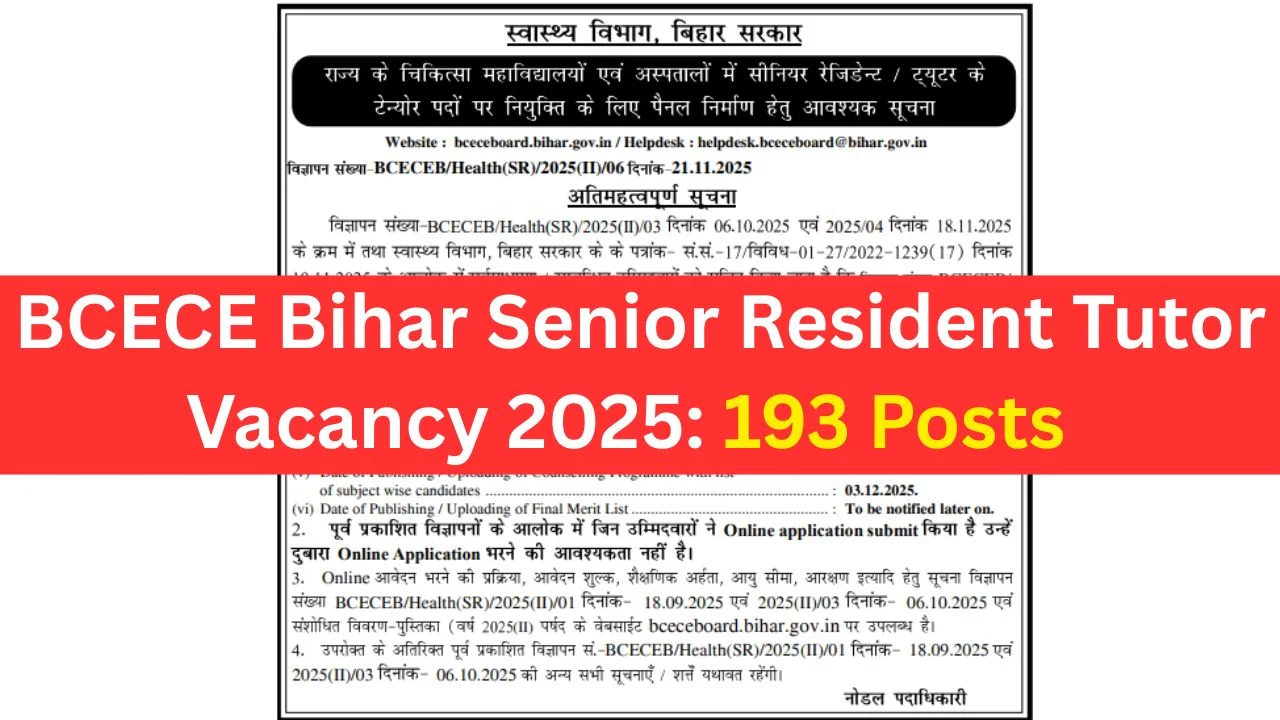 Bihar BCECE Sr. Resident/Tutor Recruitment 2025
